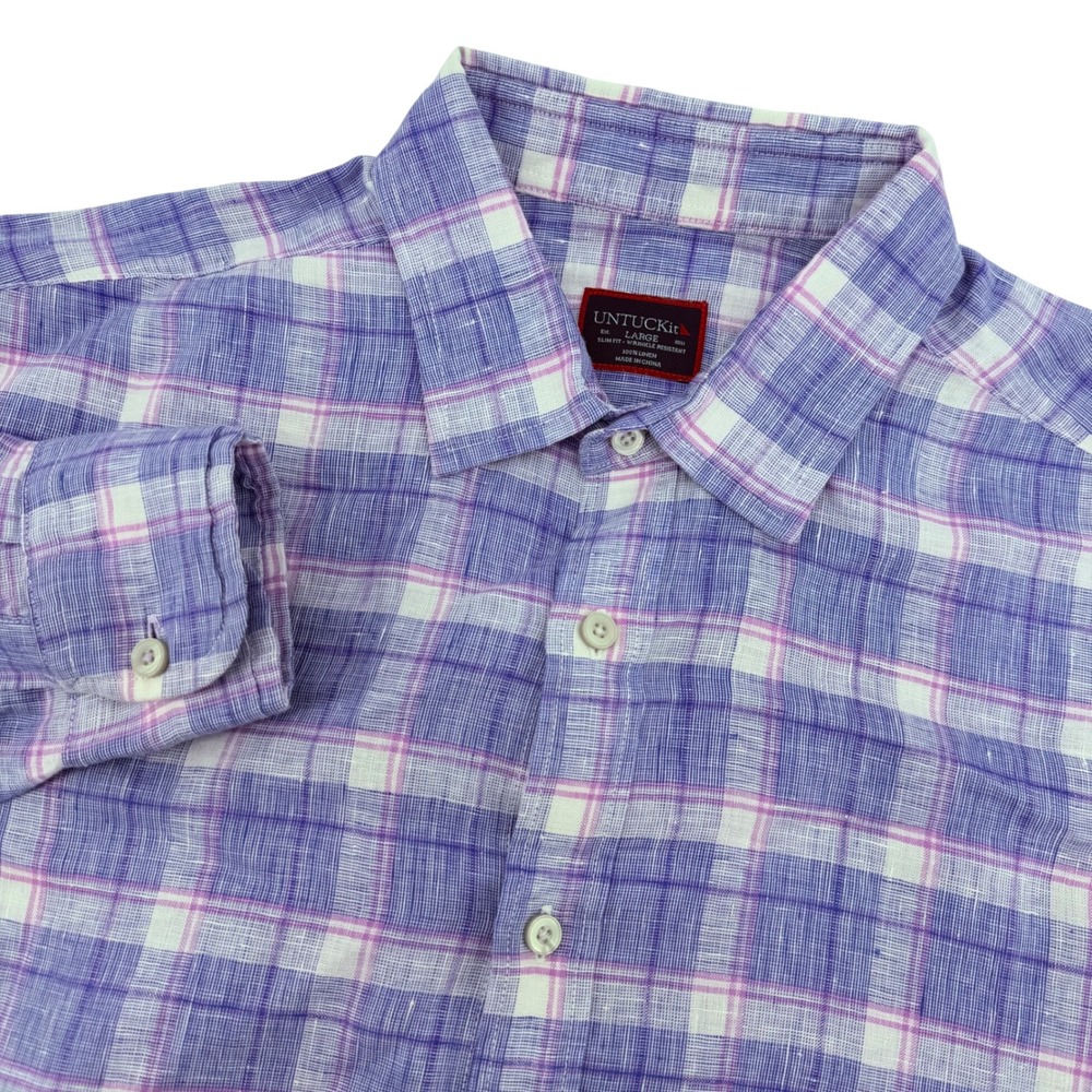 UNTUCKit Button Down Shirt Mens Large Blue Purple Plaid 100% Linen Slim Fit